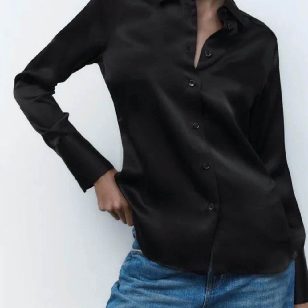 Zara Black Satin Button-Down Shirt XS/S NWOT